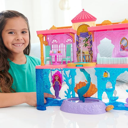 Mattel Disney Princess Ariel's Land & Sea Castle, Includes Ariel Doll with Red Hair and Colour-Changing Mermaid Fin, Flounder Pet, Pool, 10 Doll Accessories, Toys for Ages 3 and Up, Playset, HLW95