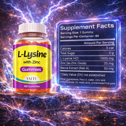 L-Lysine 1000mg with Zinc Gummies – Vegetarian Chewable Amino Acid Supplement for Adults, Non-GMO, Gluten-Free, Gelatin-Free, Easy to Take, Clean Label, Plant-Based Formula, 60 Vegan Chewables