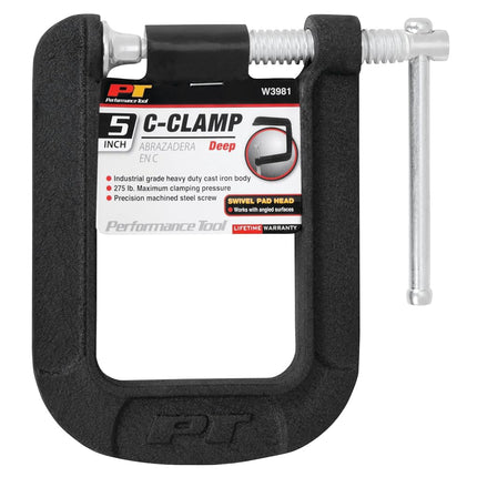 Performance Tool W3981 5-Inch Deep C-Clamp with Heavy Cast Iron Construction and Extra-Large Swivel Base for Deep Clamping Projects