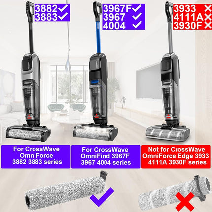 For Bissell CrossWave OmniForce & OmniFind Vacuum Cleaner, 3x Multi-Surface Brush Rollers + 3x HEPA Filters + 1x Clean Brush, Replacement Parts 3882/3883/3967F Series, Compare to Model 1640064
