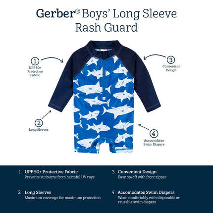 Maillot de bain anti-UV une pièce à manches longues Gerber pour tout-petits garçons, Requins bleus et blancs, 3-6 mois