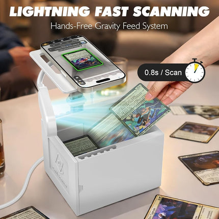 Card Scanner Stand with LED Light for TCG & MTG Sports Cards - Hands-Free Phone Mount for ManaBox - Scans Sleeved Cards (20x Sleeves Included) - Foldable Organizer with Premium Gift Box