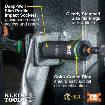 Klein Tools 65111IMPCT KNECT Deep-Well Impact Socket Set, 1/2-Inch Drive, SAE, Color Coded, MODbox Case, Impact Adapter and Extension, 14-Piece