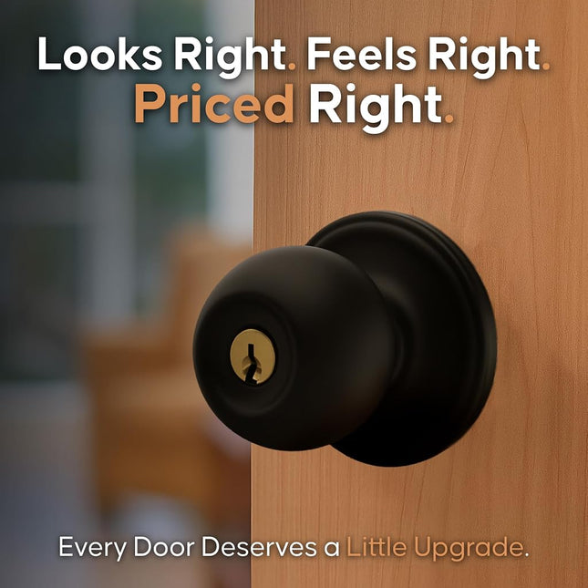 Copper Creek Matte Black Door Knobs - Keyed Entry Function, Locking Door Knob with Key, Locking Interior/Exterior Door Handle, Lockable Door Knob for Bedroom, Bathroom, and Room Doors - 2 Pack