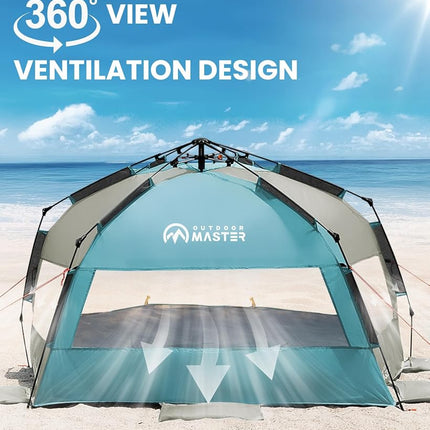 OutdoorMaster Pop Up Beach Tent for 4 Person - Easy Setup and Portable Beach Shade Sun Shelter Canopy with UPF 50+ UV Protection Removable Skylight Family Size - Cancun Seashore