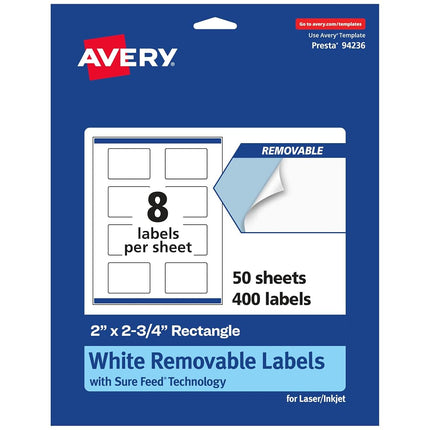 Etiquetas rectangulares removibles Avery blancas mate con tecnología Sure Feed, impresión de borde a borde, 2" x 2.75", 400 etiquetas removibles, etiquetas imprimibles con láser/inyección de tinta