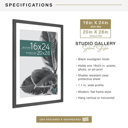 MCS Studio Gallery 20x28 Matted Poster Frame with 16x24 Picture Display, Black Woodgrain Vertical & Horizontal Wall Hanging Large Picture Frame for Photos, Posters & Art Prints (1-Pack)