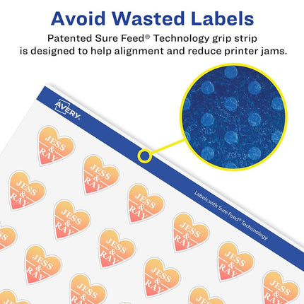 Avery Glossy Clear Heart Labels with Sure Feed, 75" x .75", 4,000 Glossy Clear Labels, Print-to-The-Edge, Laser/Inkjet Printable Labels