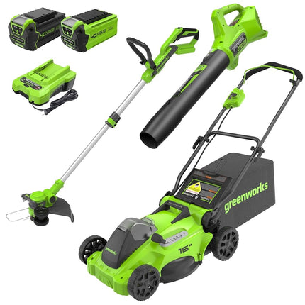 Greenworks 40V 16" Brushless Cordless (Push) Lawn Mower + Blower (350 CFM), 4.0Ah Battery and Charger Included (75+ Compatible Tools)