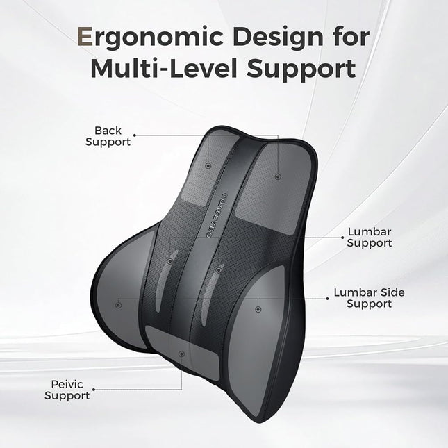 Coverado Lumbar Support Pillow for Car, Ergonomic Memory Foam Back Pillow for Office Chair, New Back Cushion for Pain Relief, PU Leather Car Lumbar Support for Driving Seat - BK