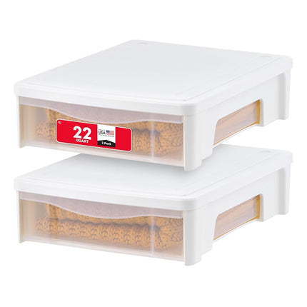 IRIS USA 22 Qt Underbed Storage Stackable Organizer Bin Container with Sliding Drawer, 2 Pack, Multi-Purpose for Clothes, Shoes, Clothing, Bedding, White