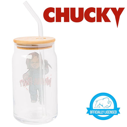 Silver Buffalo Chucky Wanna Play Scary Glass Jar Tumbler with Bamboo Lid and Glass Straw, 16 Ounces