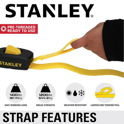 STANLEY S2002 Black/Yellow 1" x 10' Enclosed Cam-buckle Tie Down Straps - 400 lb Safe Working Load / 1,200 lb Break Strength, 4 Pack