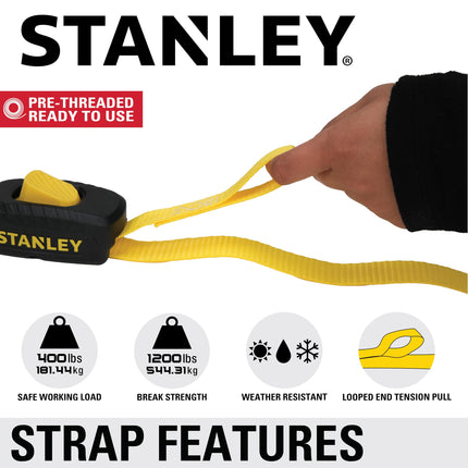 STANLEY S2002 Black/Yellow 1" x 10' Enclosed Cam-buckle Tie Down Straps - 400 lb Safe Working Load / 1,200 lb Break Strength, 4 Pack