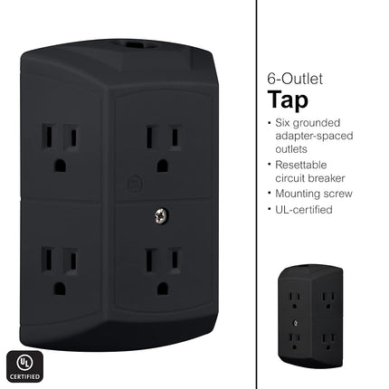 GE 6-Outlet Extender, Grounded Wall Tap, Reset Button, Circuit Breaker, Adapter Spaced Outlets, 3-Prong, Quick and Easy Install, UL Listed, White, 56575