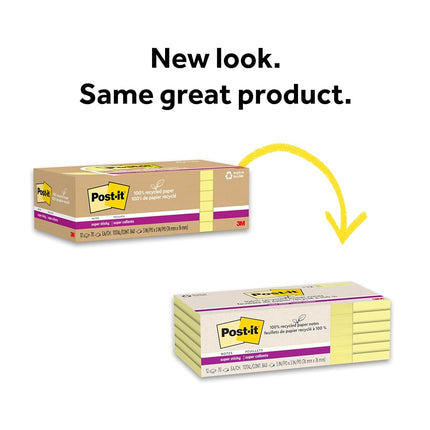 Post-it 100% Recycled Paper Super Sticky Notes, 2X The Sticking Power, 3x3 in, 12 Pads/Pack, 70 Sheets/Pad, Canary Yellow(654R-12SSCY)