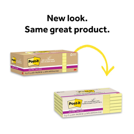 Notas Super Adhesivas Post-it 100% Papel Reciclado, 2 veces más poder de adherencia, 7,6 cm x 7,6 cm, 12 Blocs/Paquete, 70 Hojas/Bloc, Amarillo Canario (654R-12SSCY)