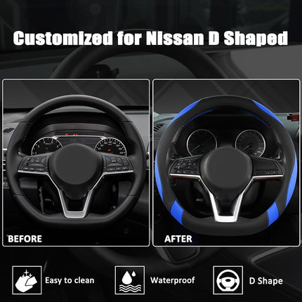 West Llama Flat Bottom Car Steering Wheel Cover for Nissan,D Shaped Steering Wheel Cover for Rogue,Altima,Kicks (Black+Blue-Standard Size)
