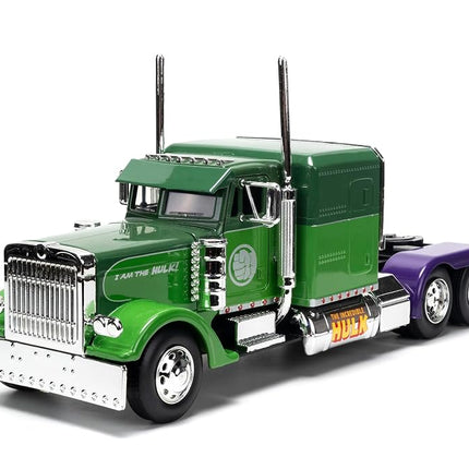 Jada Hollywood Rides 1:24 Scale Die-Cast 1992 Peterbilt 379 Big Rig Box Hulk Edition – Opening Doors, Rubber Tires, Detailed Interior – Marvel Licensed Collectible for Ages 8+