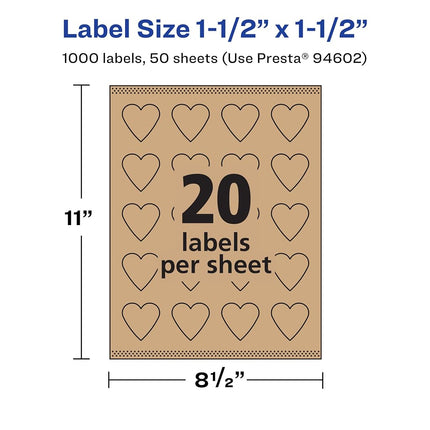 Etiquetas de corazón de papel kraft marrón Avery con Sure Feed, 1.5" x 1.5", 1,000 etiquetas de papel kraft marrón, impresión hasta el borde, etiquetas imprimibles con láser/inyección de tinta