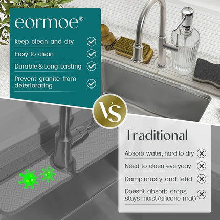 Eormoe Stone Faucet Mat for Kitchen Sink – Diatomite Drying Stone Mat & Sink Protector, Prevent Moisture – Sink Splash Guard Water-Absorbing Stone Tray for Bathroom Counter [Light Grey,23.6" x 3.9"]
