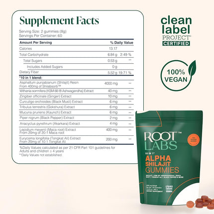 ROOT LABS 10-in-1 Alpha Shilajit Gummies | 4000 mg Pure Himalayan Shilajit, Tongkat Ali, Maca Root, 75% Fulvic Acid | ShilAbsorb Bioavailability Tech | Sugar-Free Vegan, 85+ Trace Minerals | 120 Pack