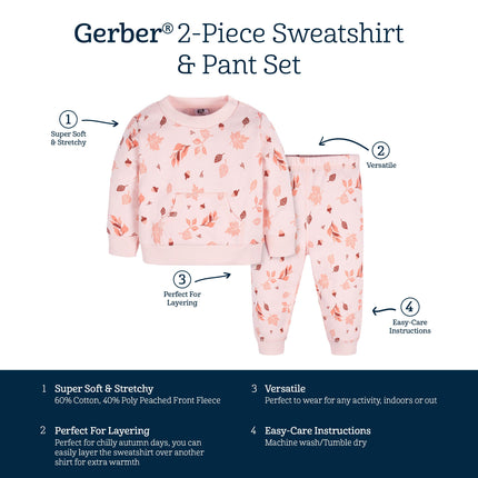 Gerber Baby Girls' Toddler 2-piece Fleece Sweatshirt and Jogger Set, Birds, 5T