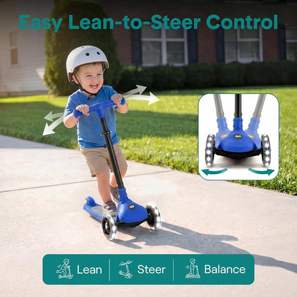 SereneLife Kids Scooter for Ages 3–7 – 3 Wheel Kick Scooter with Seat Option, Light-Up LED Wheels, Lean-to-Steer, Foldable, Adjustable Height, 50 kg Capacity, Blue
