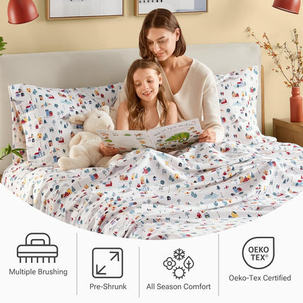 SLEEP PHILOSOPHY True North 100% Cotton Flannel Sheet Set, Brushed for Softness, 4 Piece Bedding Set, Novelty Print, Warm, White Village Print