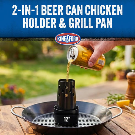 Kingsford Beer Can Chicken Holder & Grill Pan – 2-in-1 Non-Stick Carbon Steel Roasting Rack & 12" Perforated BBQ Pan for Crispy, Juicy Grilled Chicken