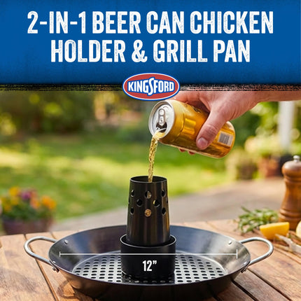 Kingsford Beer Can Chicken Holder & Grill Pan – 2-in-1 Non-Stick Carbon Steel Roasting Rack & 12" Perforated BBQ Pan for Crispy, Juicy Grilled Chicken