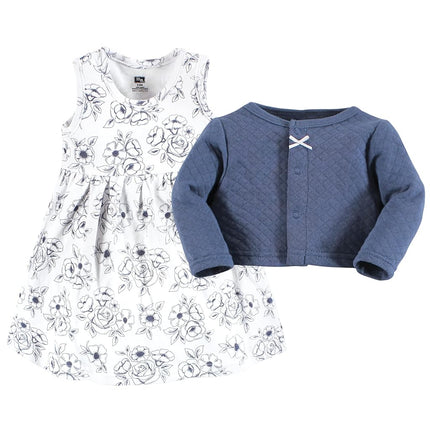 Hudson Baby Girls' One Size Quilted Cardigan and Dress, Blue Toile, 18-24 Months