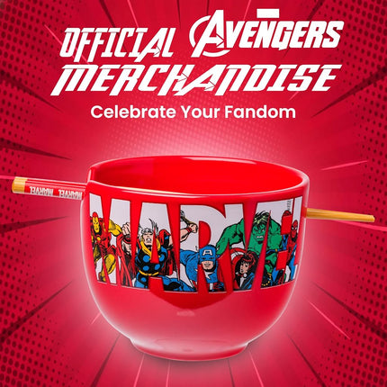 Silver Buffalo Marvel Comics Retro Characters in Logo Boxed Ceramic Ramen Bowl with Chopsticks, 20 Ounces
