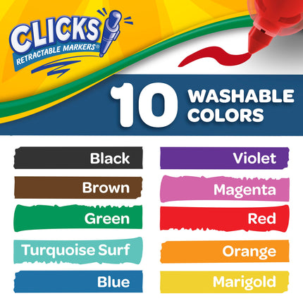 CRAYOLA Clicks Rotuladores - Paquete de 10 Rotuladores Retráctiles Lavables Sin Tapa de 2 en 1 Punta Cónica para Líneas Finas y Gruesas para la Escuela el Hogar y Viajes, Niños y Adultos