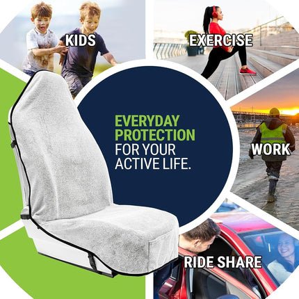 Season Guard Terry Cloth Sweat Towel Seat Cover; Carseat Towel Protector; Great for Gym Workout; Waterproof; Universal Fit for Car SUV Van Truck; EZ fit; Non Slip Grip; Machine Washable; 2pc White