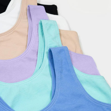Fruit of the Loom Girls' Multi Cotton Built-Up Stretch Sports Bra Available in 6 Packs, Hyacinth/Eyeshadow/Grey Heather/White/Lilac/Blushing Rose, 30
