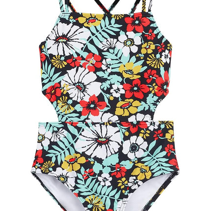 Traje de baño de una pieza con aberturas Kanu Surf para niñas, modelo Beach Sport, color Spring Bouquet Multi, talla 12