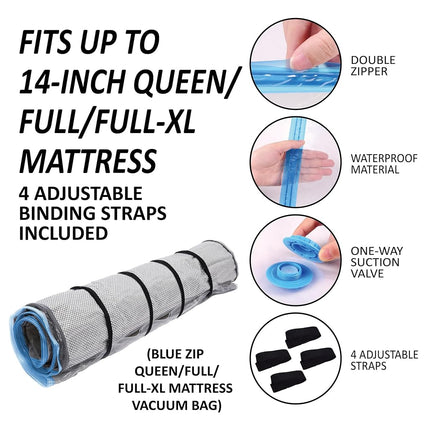 Sac sous vide pour matelas en mousse Queen/Full/Full-XL avec fermeture éclair bleue, sac de rangement pour matelas