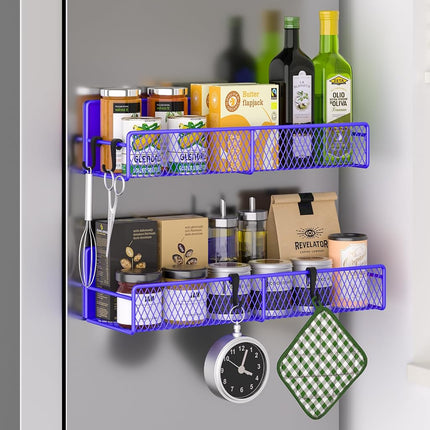 Magnetic Spice Rack for Refrigerator, 2 Pack 100% Metal Strong Magnet Shelf, Space Saving Spice Organizer W/Hooks, Movable Magnetic Fridge Shelf, Kitchen Home Laundry Storage Organization,Purple Blue