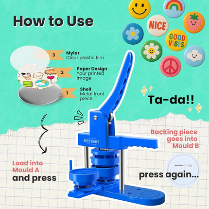 Badge Maker Machine 25+32+58mm (1+1.25+2.25 Inch) Button Maker - Multiple Size Moulds, 500 Badge Buttons, 15 Fridge Magnets, 15 Bottle Openers, 15 Keychains, Cutters, and 500+ Designs for DIY Crafts