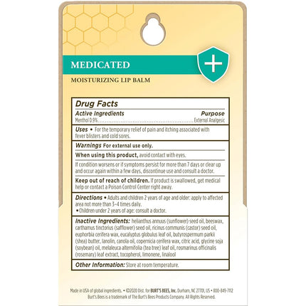 Burt's Bees 100% Natural Medicated Moisturizing Lip Balm with Menthol & Eucalyptus, 2 Tubes in Blister Box