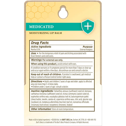 Burt's Bees 100% Natural Medicated Moisturizing Lip Balm with Menthol & Eucalyptus, 2 Tubes in Blister Box
