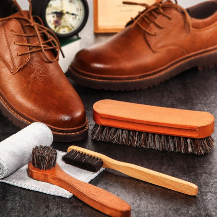 4 Pcs Horsehair Shine Shoes Brush Kit Polish Dauber Applicators Cleaning Leather Shoes Boots Care Brushes Suede Cleaner Brush with Microfiber Shoe Cloth