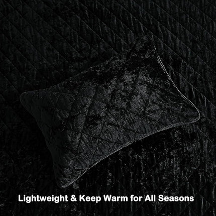 Chezmoi Collection Lux Black Velvet Quilt Oversized King Set, 3-Piece Plush Distressed Velvet Bedding All Season Lightweight Comforter Brushed Microfiber Reverse with Diamond Stitch Quilting