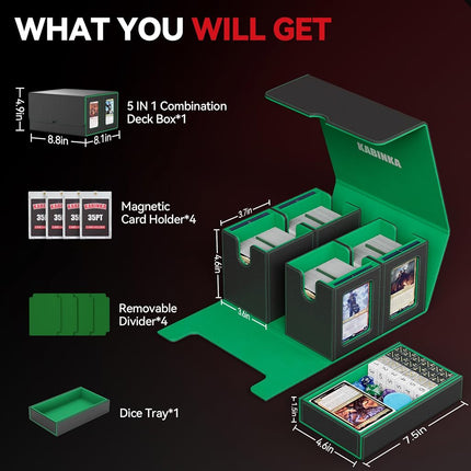 Card Deck Box for MTG with Commander Display, 5 in 1 Card Storage Box Fits 400+ Double-sleeved Cards, Removable Deck Case for TCG/Sports Cards with Dice Tray, 4 Magnetic Card Holders (Black Green)