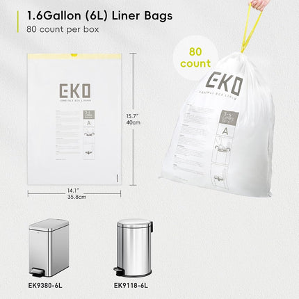 EKO Easy-Dispense Roll 80 Count Extra-Strong Drawstring Small Trash Bag, 1.6 Gallon Trash Bag (3-6L) 1 Pack White, Code A