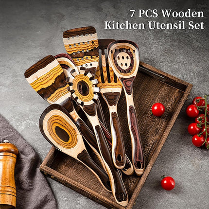 Gudamaye 7-Piece Brown Wooden Cooking Spoon Set – Eco-Friendly, Non-Stick, Heat Resistant