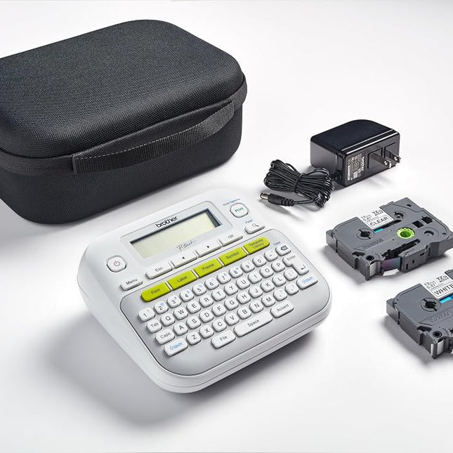 Brother PT-D210SV Label Maker Bonus Bundle Comes with a Protective Carrying case, an Adapter, and Two Sample Genuine TZe Label Tapes for Added Value.