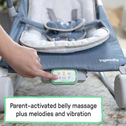 Ingenuity, Happy Belly Rock-to-Bounce Seat, Music, Vibration, Removable Toy Bar, Plush Toy Sloth, 0-6 Months, Blue - Chambray