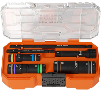 Klein Tools 653MQS KNECT Impact-Rated Quad Socket Set, 12 Sizes in 3 Flip Socket Drivers, 4-In-1 Color Coded Heavy-Duty Multi-Tool, 1/4 and 3/8-Inch Drive, MODbox Storage Case